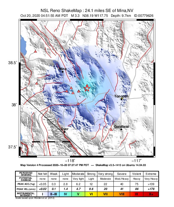USGS ShakeMap: estimated shaking intensity around the epicenter