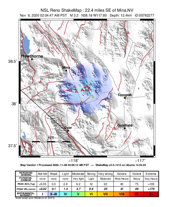 USGS ShakeMap: estimated shaking intensity around the epicenter