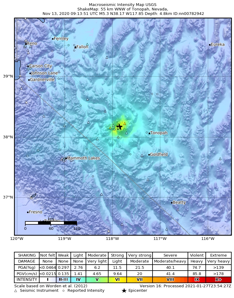 USGS ShakeMap: estimated shaking intensity around the epicenter