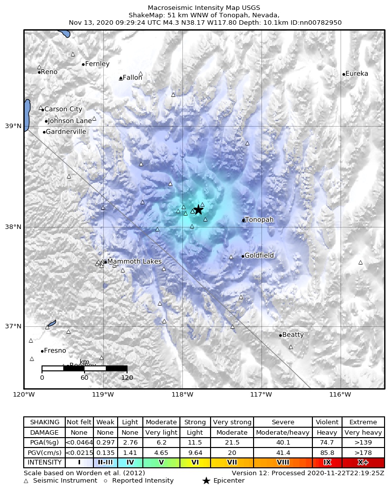 USGS ShakeMap: estimated shaking intensity around the epicenter