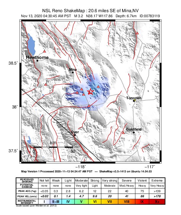 USGS ShakeMap: estimated shaking intensity around the epicenter
