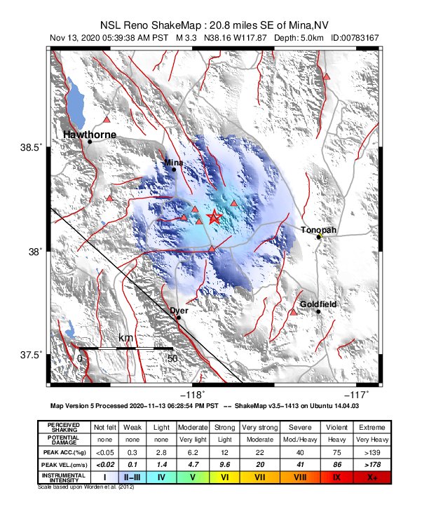 USGS ShakeMap: estimated shaking intensity around the epicenter