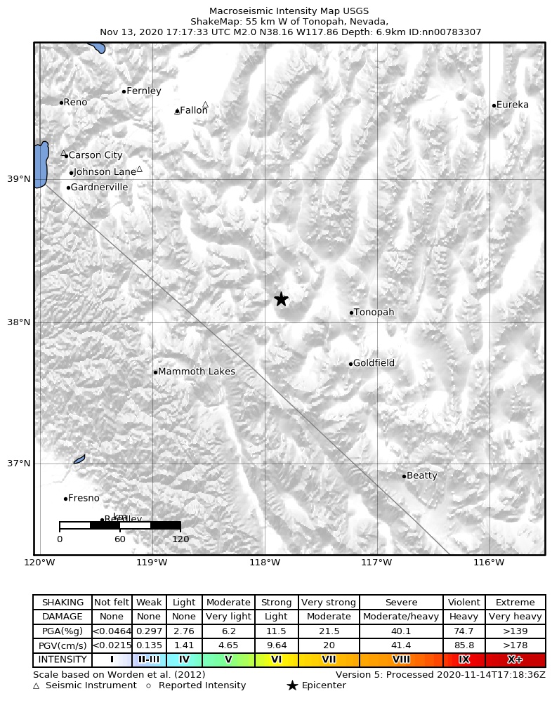 USGS ShakeMap: estimated shaking intensity around the epicenter