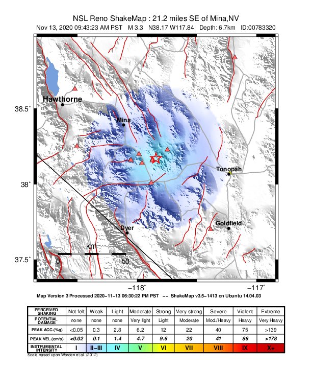 USGS ShakeMap: estimated shaking intensity around the epicenter
