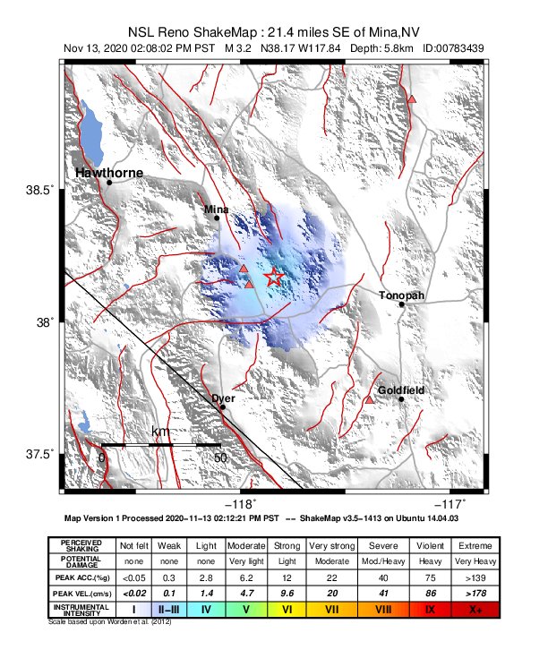 USGS ShakeMap: estimated shaking intensity around the epicenter