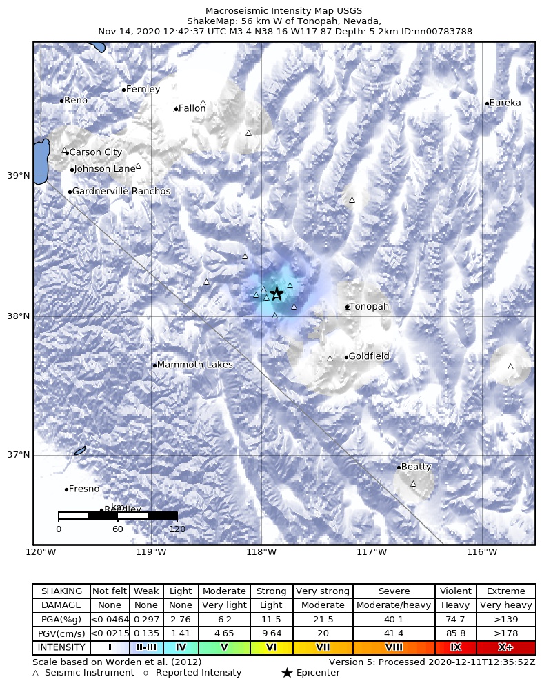 USGS ShakeMap: estimated shaking intensity around the epicenter