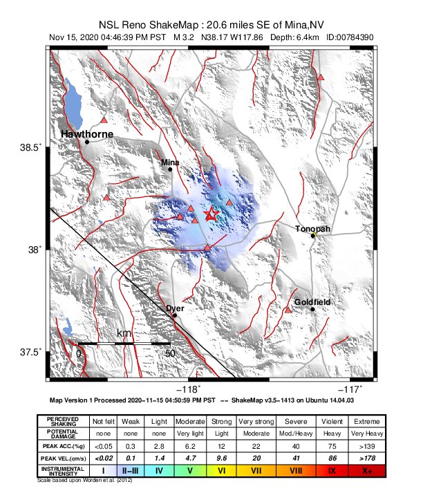 USGS ShakeMap: estimated shaking intensity around the epicenter