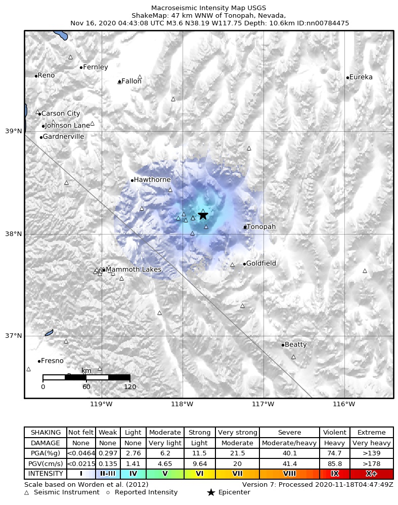 USGS ShakeMap: estimated shaking intensity around the epicenter