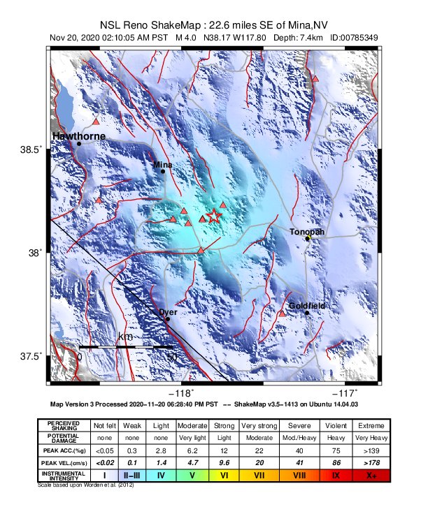 USGS ShakeMap: estimated shaking intensity around the epicenter
