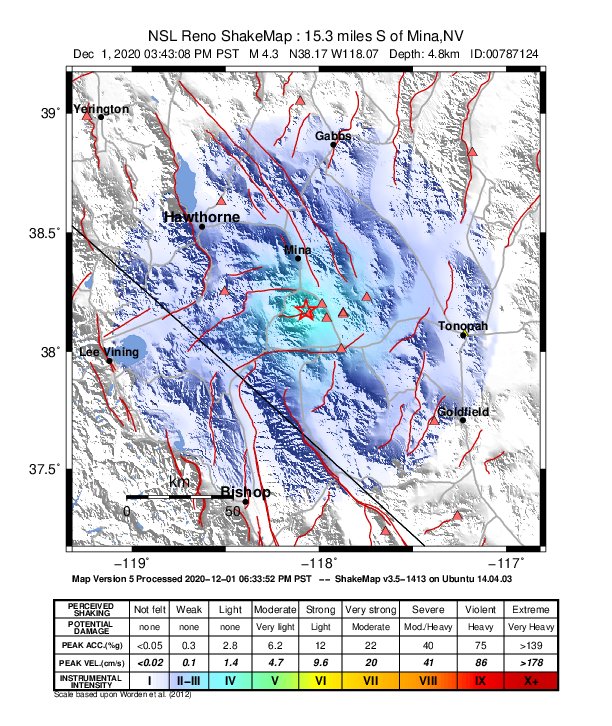 USGS ShakeMap: estimated shaking intensity around the epicenter