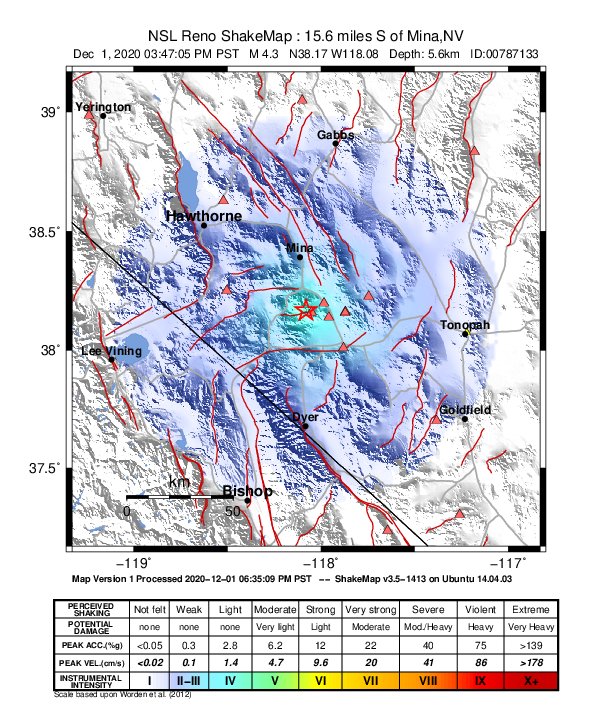 USGS ShakeMap: estimated shaking intensity around the epicenter