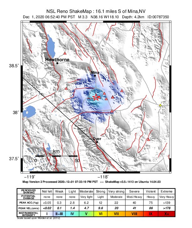 USGS ShakeMap: estimated shaking intensity around the epicenter