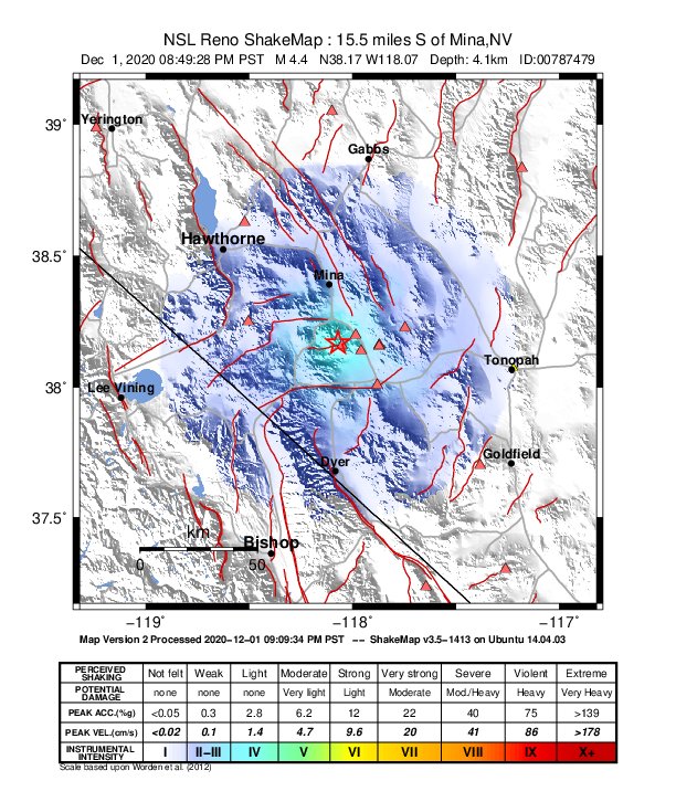 USGS ShakeMap: estimated shaking intensity around the epicenter