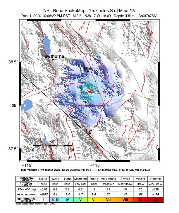 USGS ShakeMap: estimated shaking intensity around the epicenter