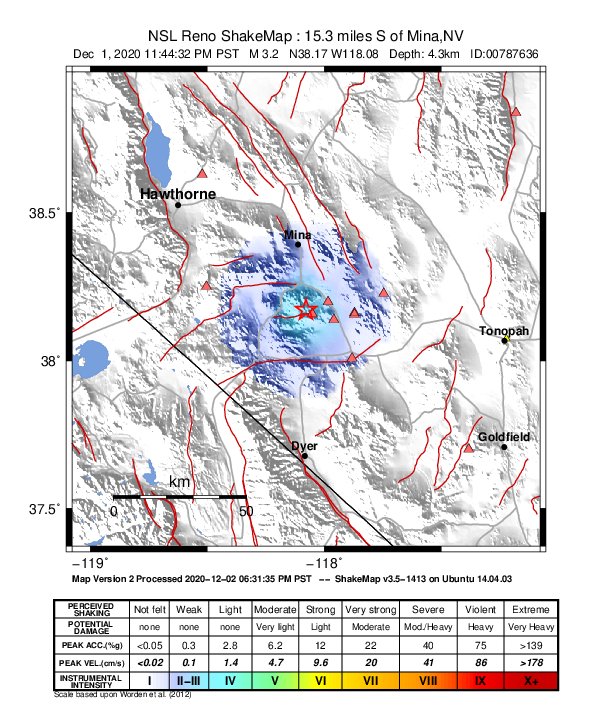 USGS ShakeMap: estimated shaking intensity around the epicenter
