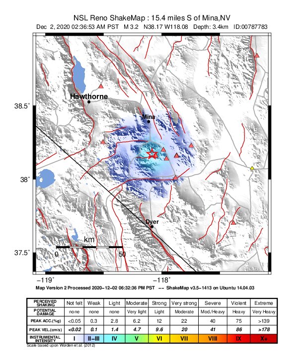 USGS ShakeMap: estimated shaking intensity around the epicenter