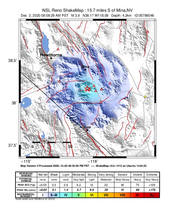 USGS ShakeMap: estimated shaking intensity around the epicenter