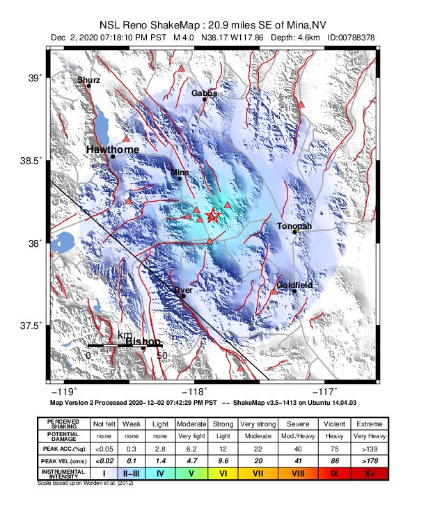 USGS ShakeMap: estimated shaking intensity around the epicenter