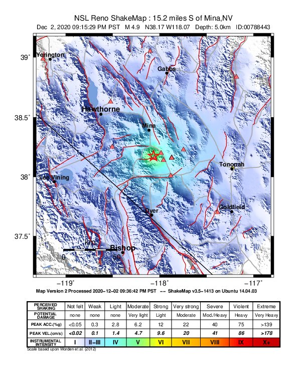 USGS ShakeMap: estimated shaking intensity around the epicenter