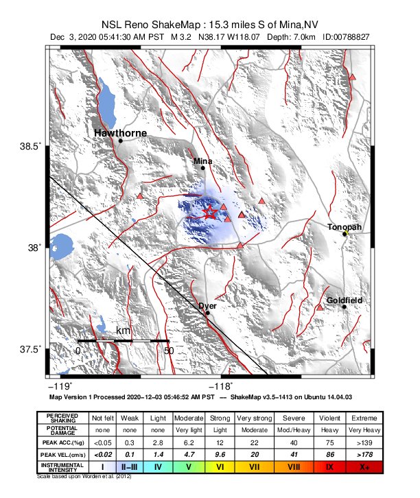 USGS ShakeMap: estimated shaking intensity around the epicenter