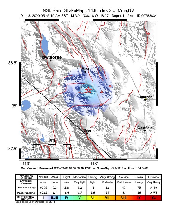 USGS ShakeMap: estimated shaking intensity around the epicenter