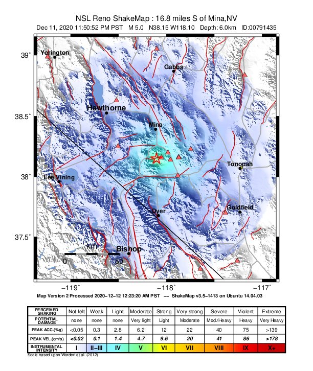 USGS ShakeMap: estimated shaking intensity around the epicenter