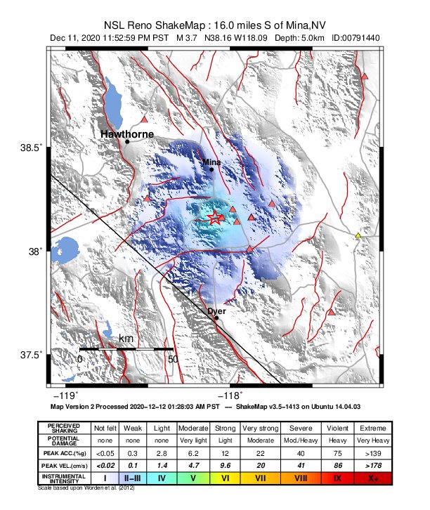USGS ShakeMap: estimated shaking intensity around the epicenter