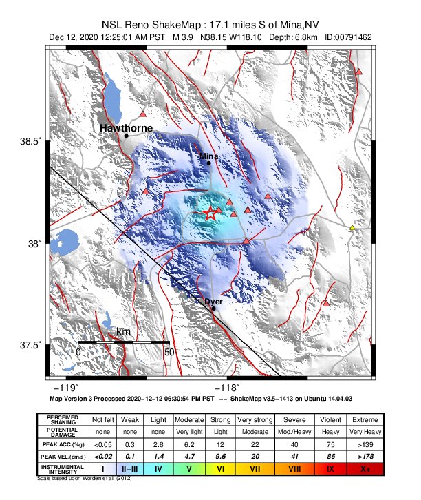 USGS ShakeMap: estimated shaking intensity around the epicenter