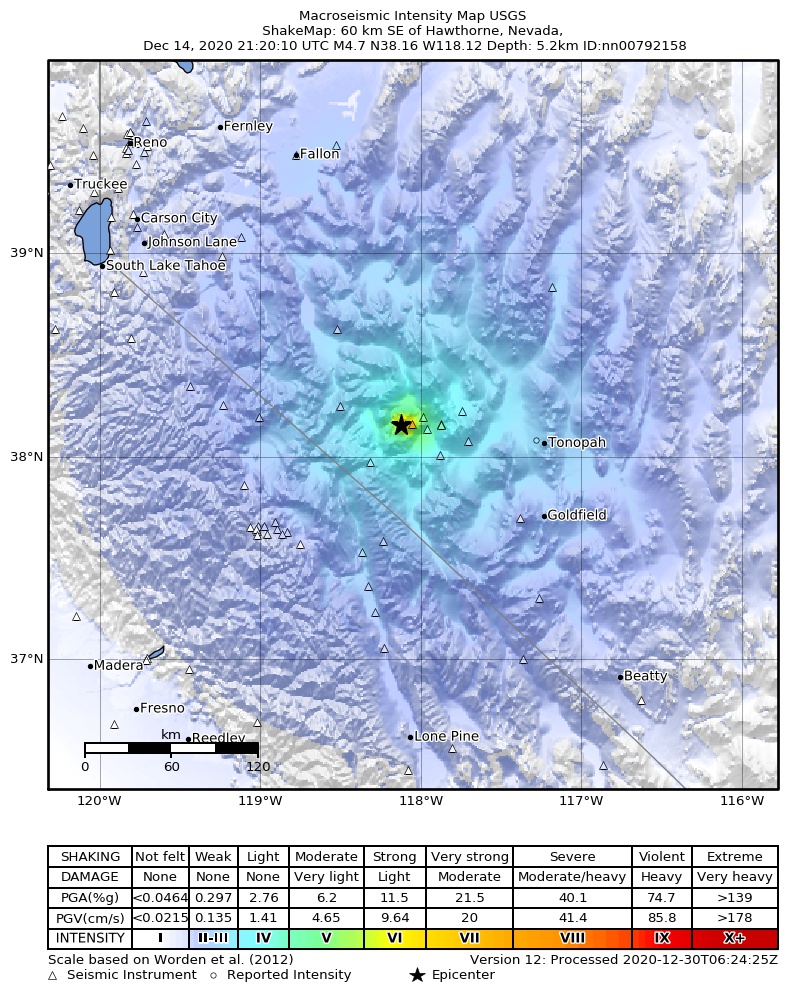 USGS ShakeMap: estimated shaking intensity around the epicenter