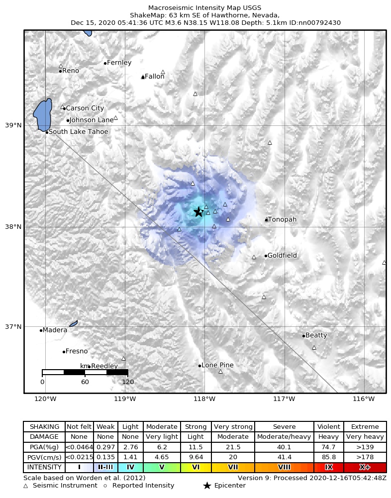 USGS ShakeMap: estimated shaking intensity around the epicenter