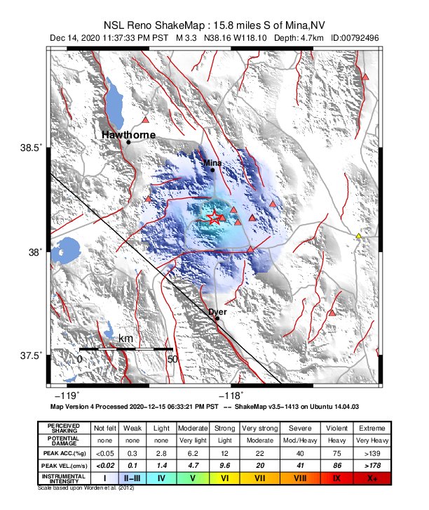 USGS ShakeMap: estimated shaking intensity around the epicenter