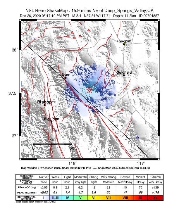 USGS ShakeMap: estimated shaking intensity around the epicenter