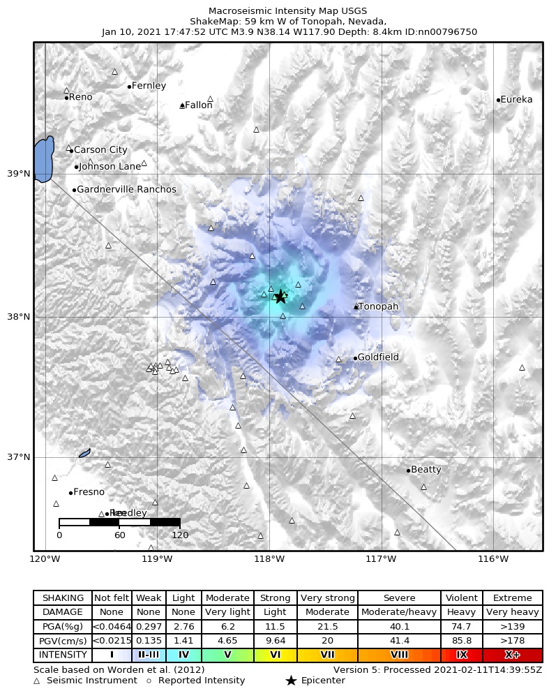 USGS ShakeMap: estimated shaking intensity around the epicenter