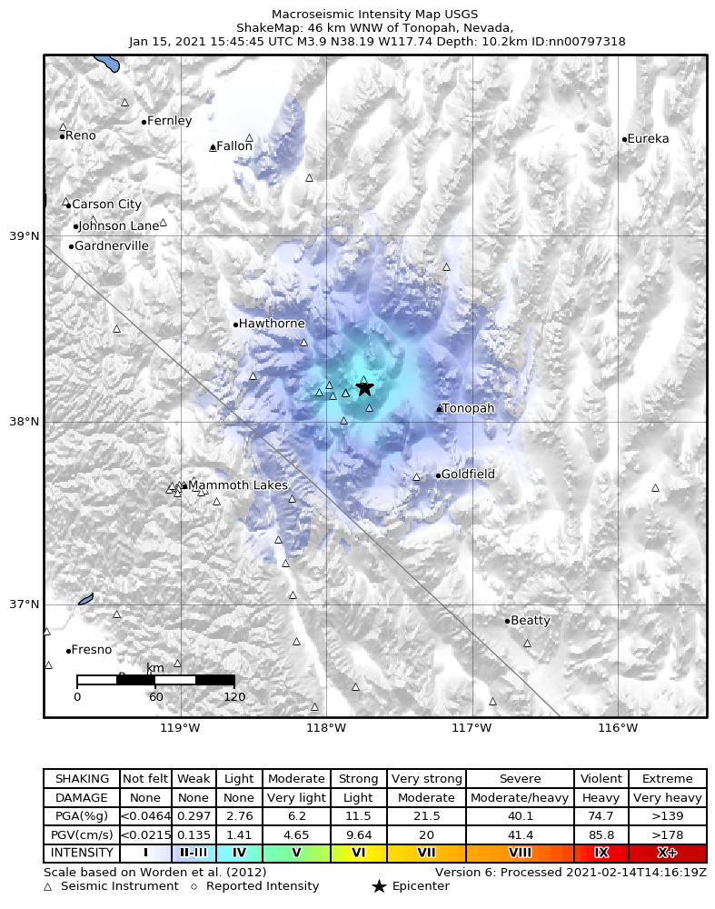USGS ShakeMap: estimated shaking intensity around the epicenter
