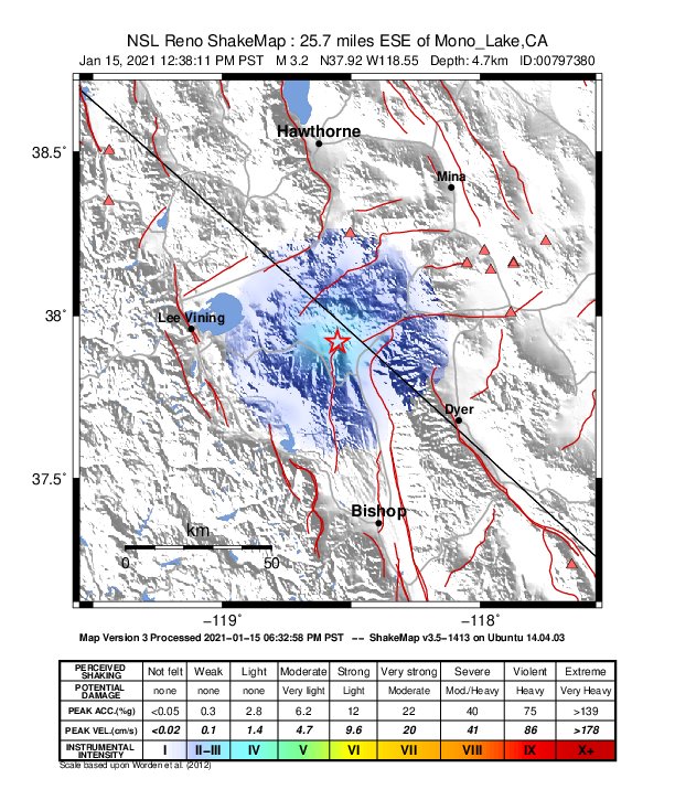 USGS ShakeMap intensity contours for the M2.9 earthquake near 41km NNE of Toms Place, CA