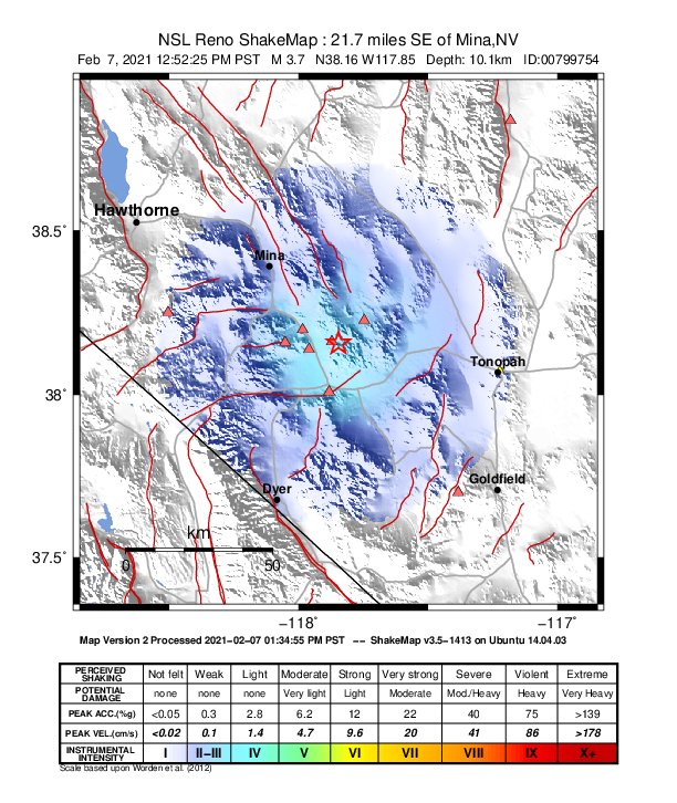 USGS ShakeMap intensity contours for the M3.7 earthquake near 34 km SE of Mina, Nevada
