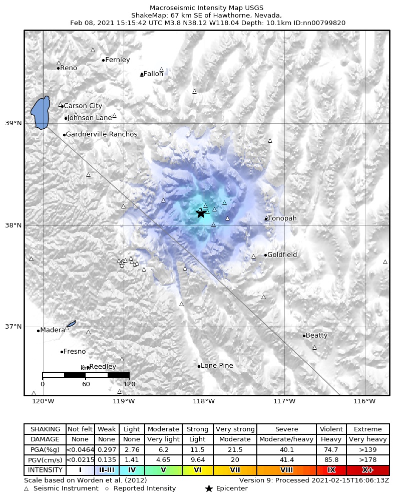 USGS ShakeMap: estimated shaking intensity around the epicenter