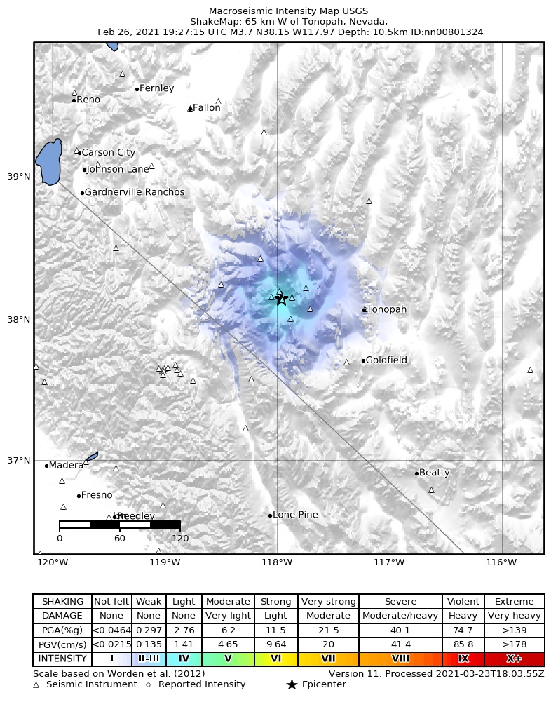 USGS ShakeMap intensity contours for the M3.7 earthquake near 29 km SSE of Mina, Nevada