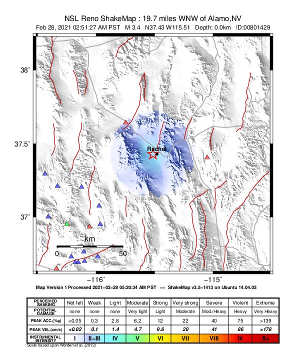 USGS ShakeMap: estimated shaking intensity around the epicenter