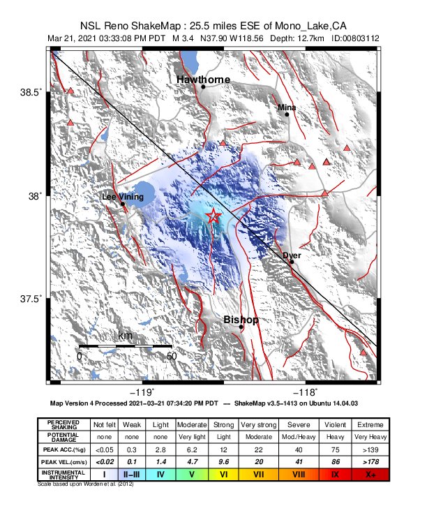 USGS ShakeMap intensity contours for the M3.1 earthquake near 39km NNE of Toms Place, CA