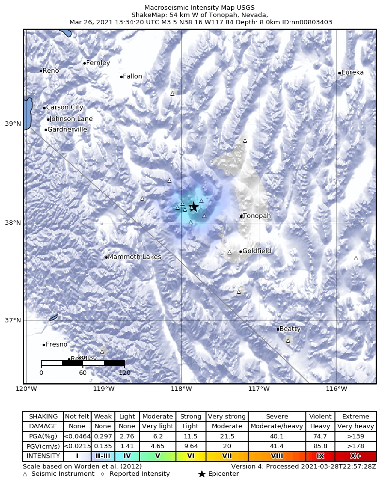 USGS ShakeMap: estimated shaking intensity around the epicenter