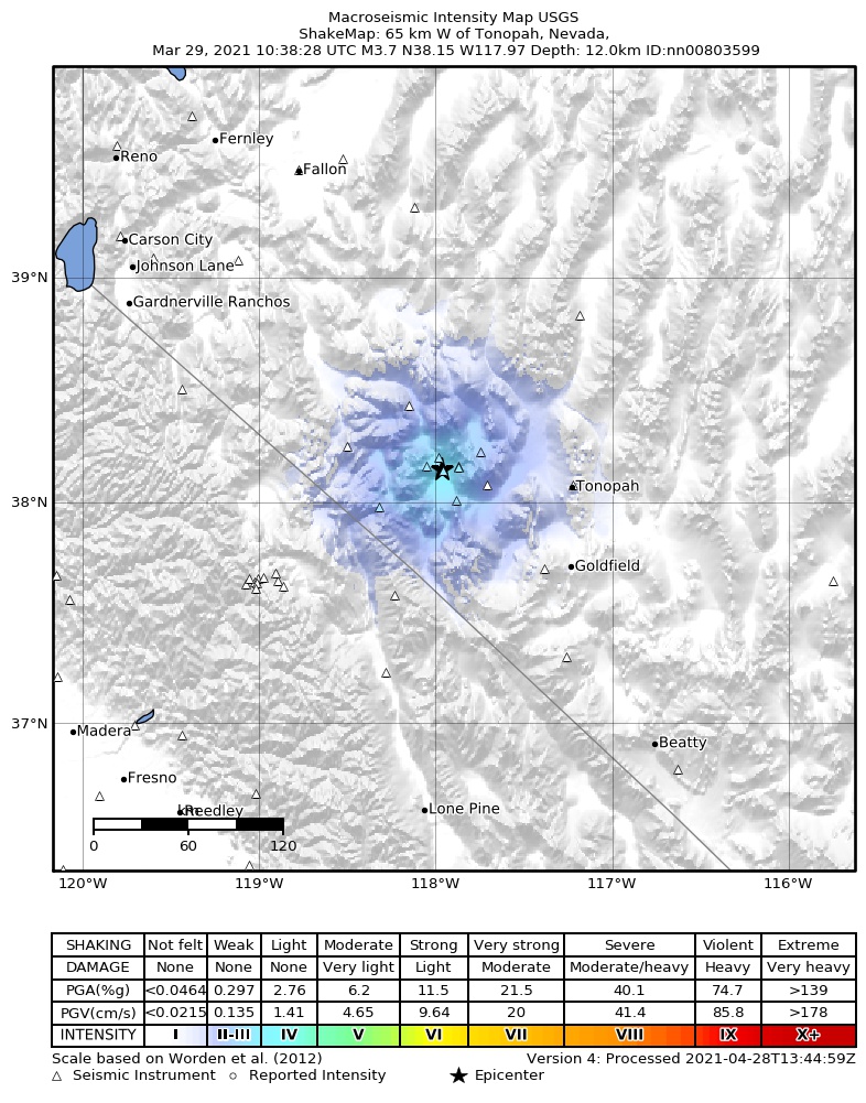USGS ShakeMap: estimated shaking intensity around the epicenter