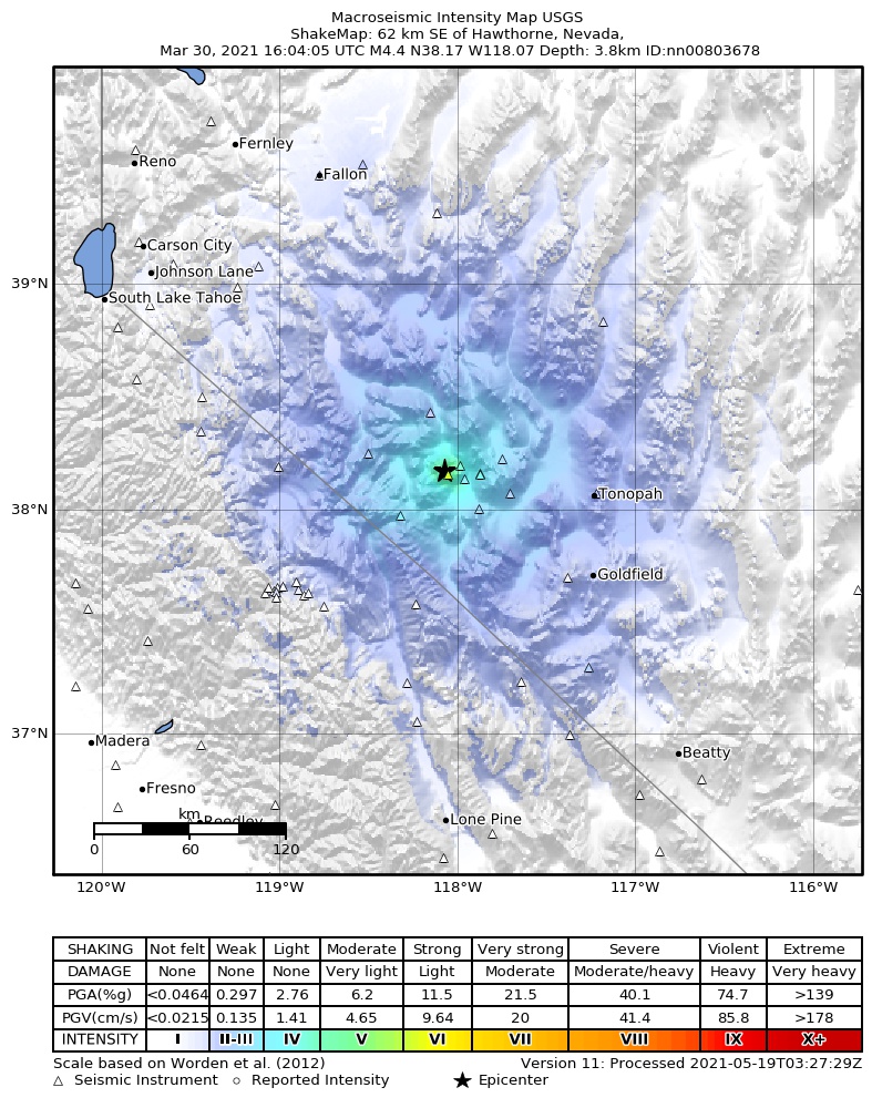 USGS ShakeMap: estimated shaking intensity around the epicenter