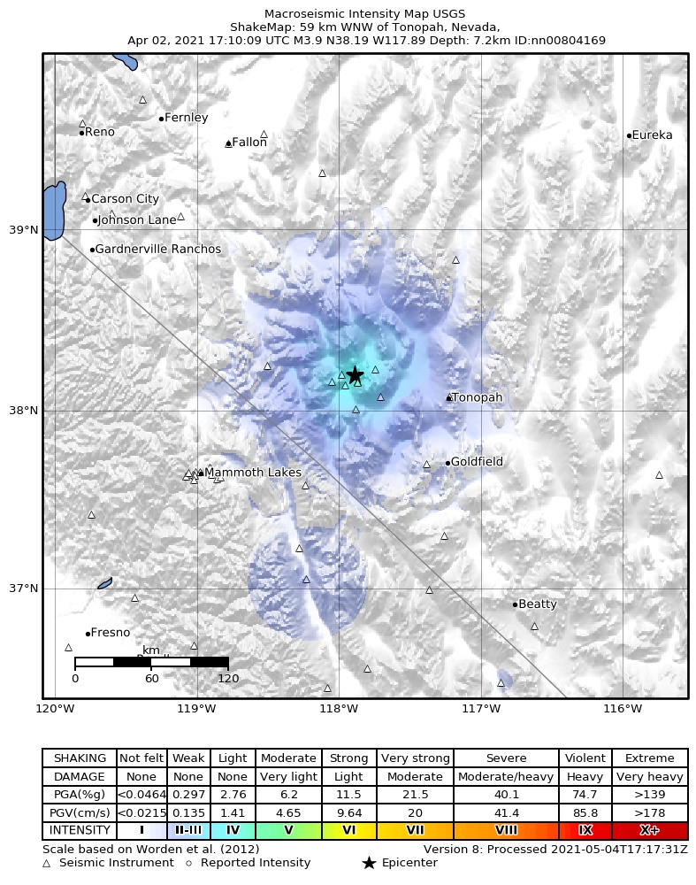 USGS ShakeMap intensity contours for the M3.9 earthquake near 29 km SE of Mina, Nevada
