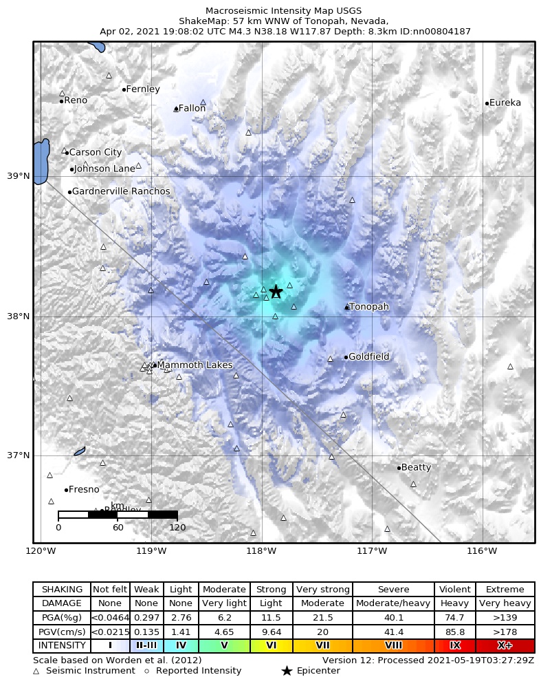 USGS ShakeMap intensity contours for the M4.3 earthquake near 31 km SE of Mina, Nevada