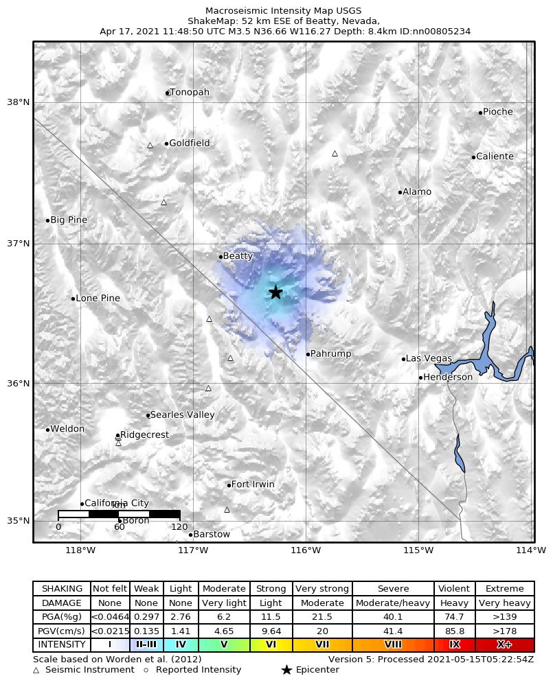 USGS ShakeMap: estimated shaking intensity around the epicenter