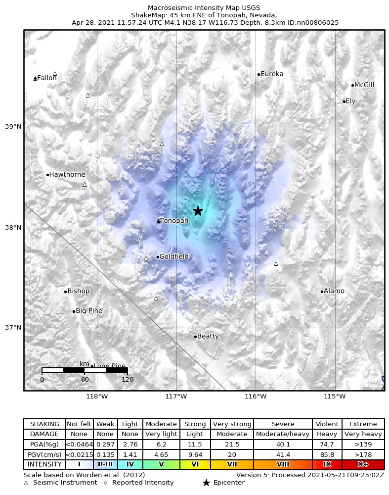 USGS ShakeMap: estimated shaking intensity around the epicenter