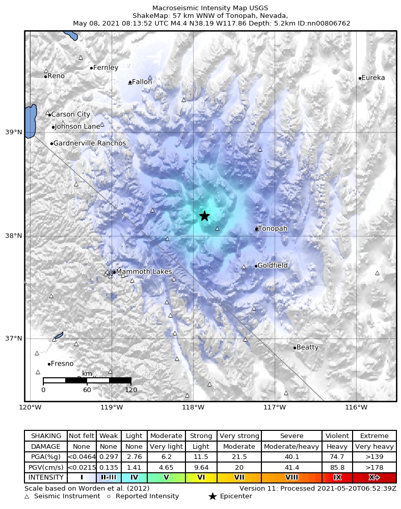 USGS ShakeMap: estimated shaking intensity around the epicenter