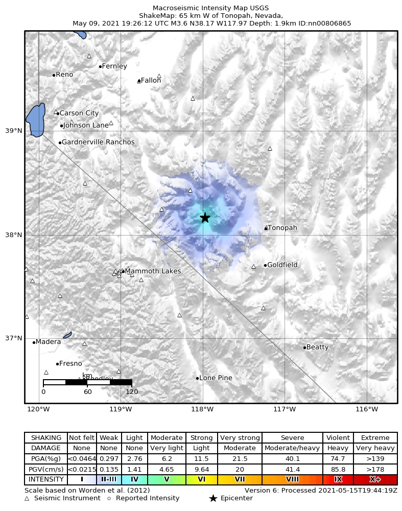 USGS ShakeMap intensity contours for the M3.6 earthquake near 27 km SSE of Mina, Nevada