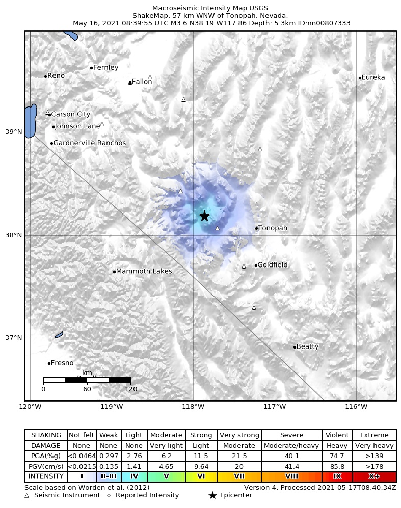 USGS ShakeMap: estimated shaking intensity around the epicenter